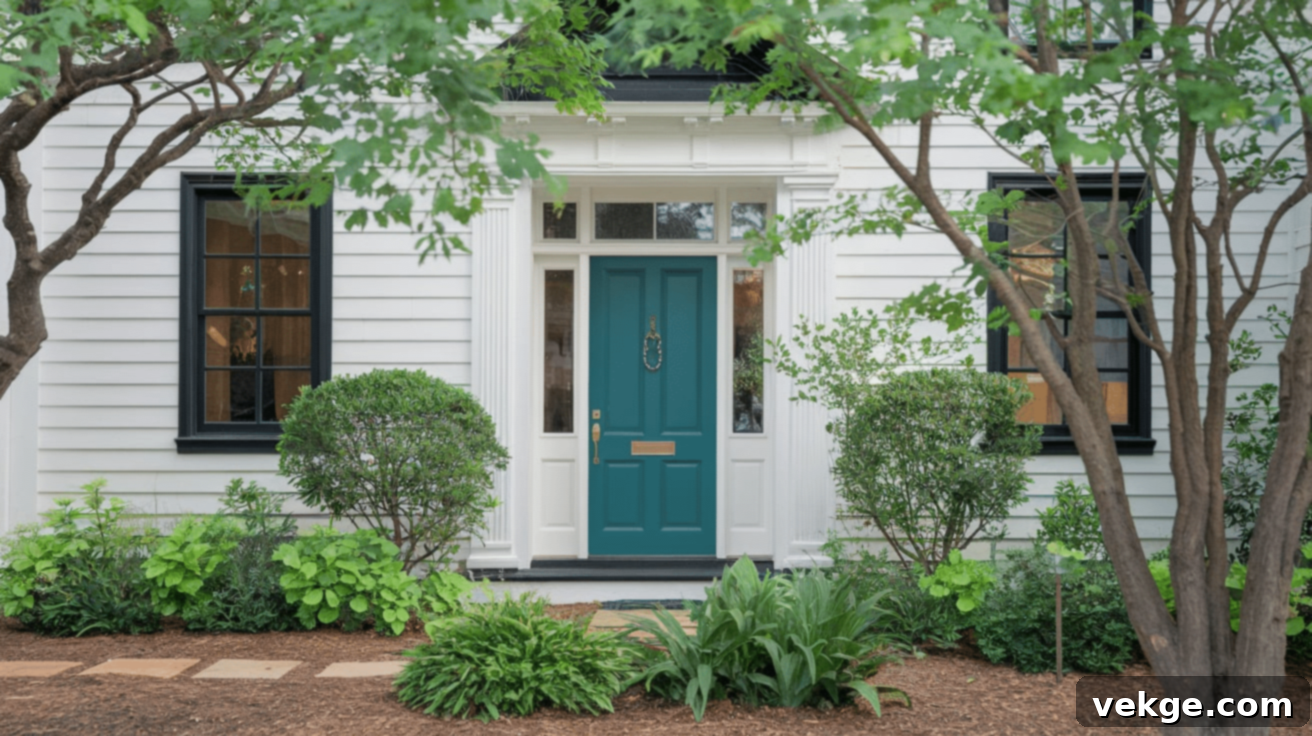 Calming teal front door on a white house with black trim