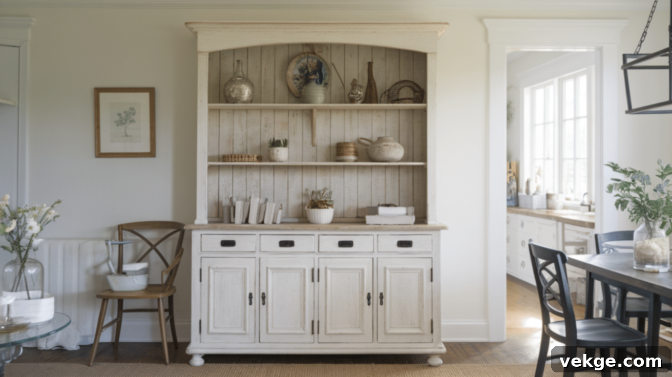 Modern Farmhouse China Cabinet Makeover with distressed paint and open shelving