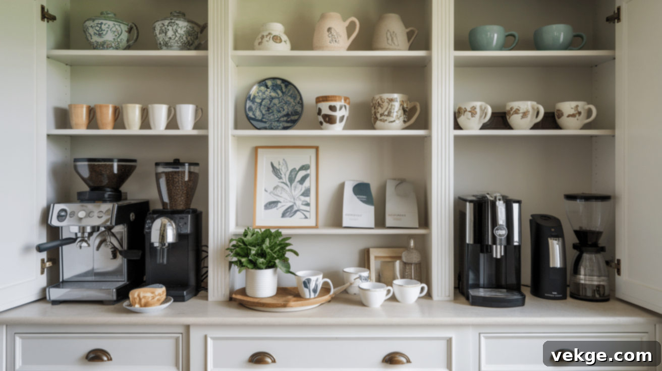 China Cabinet Repurposed as a Coffee Bar with mugs and coffee machine