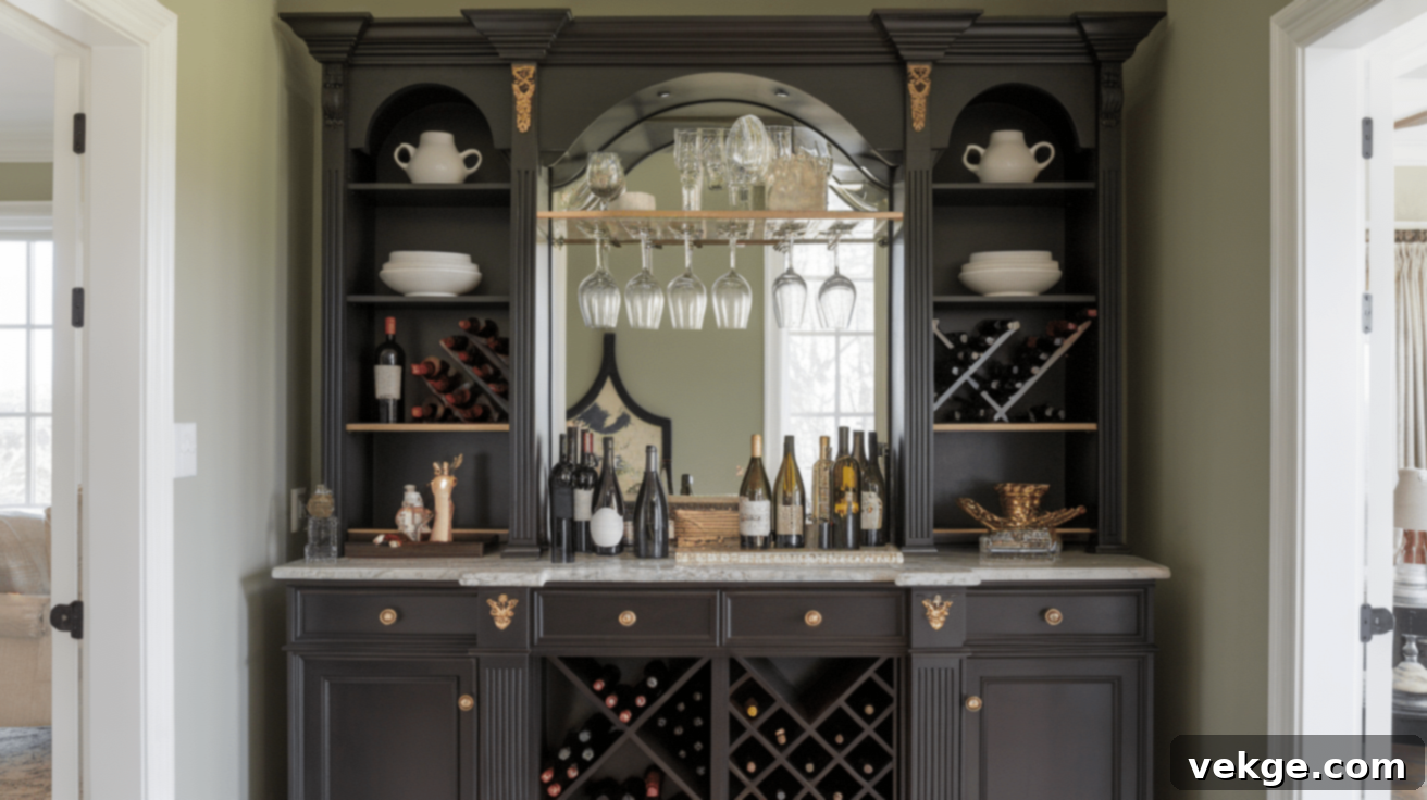 China Cabinet Turned Home Bar with bottles and glassware