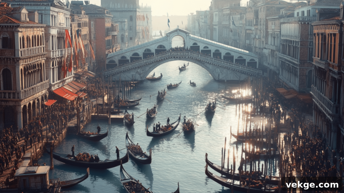 The historic Rialto Bridge in Venice, spanning the Grand Canal with market stalls