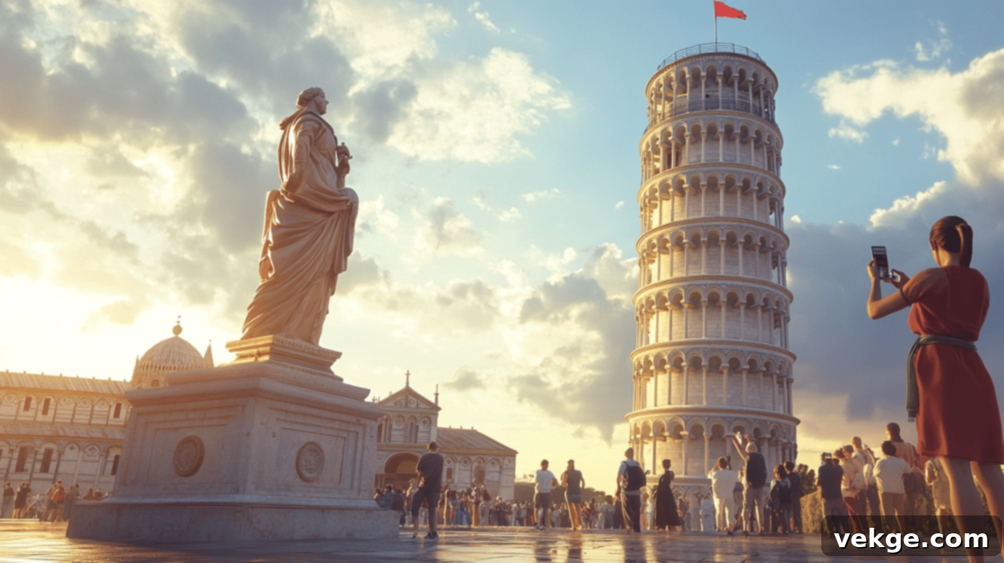 The famous Leaning Tower of Pisa, an iconic bell tower known for its tilt