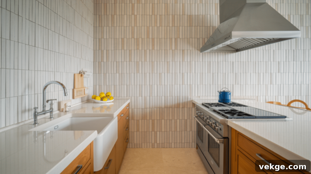 Trendy 3x9 inch subway tiles creating a sleek, clean kitchen backsplash