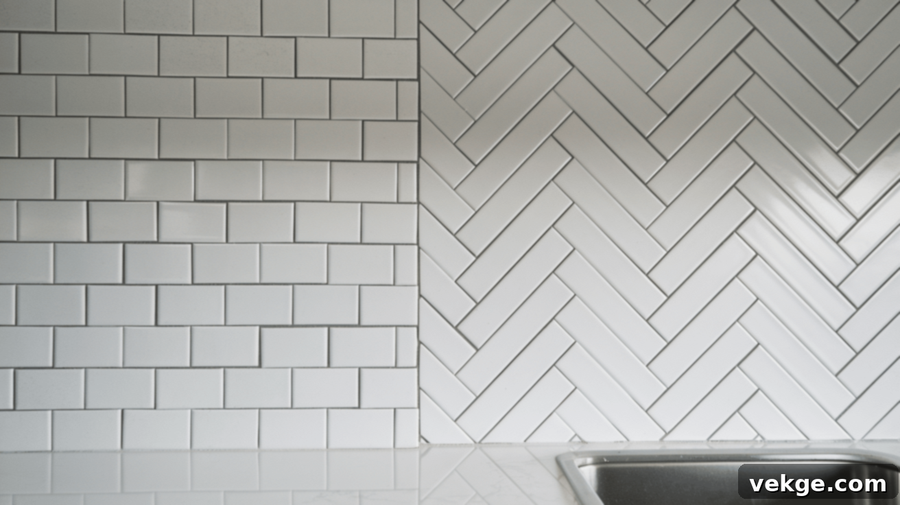 Stacked and Herringbone subway tile patterns side-by-side