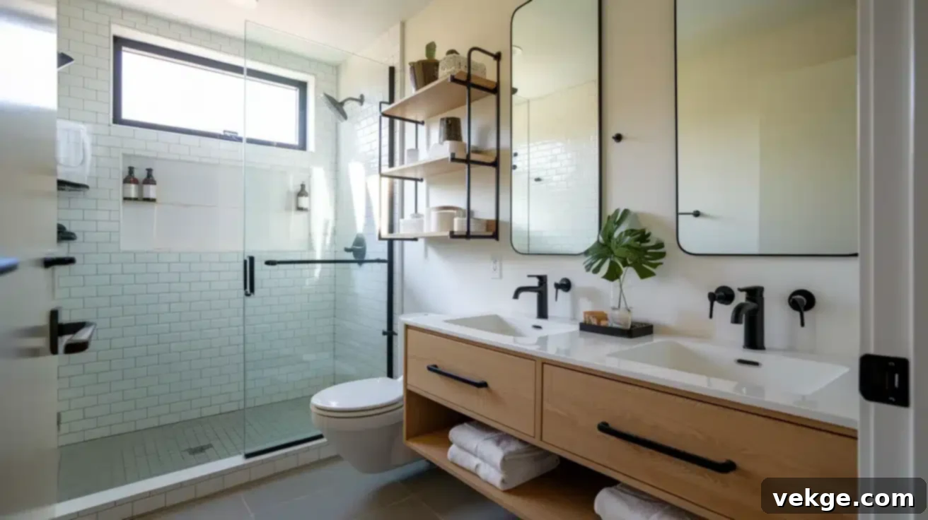 Space-Saving Master Bathroom with Corner Shower and Floating Vanity