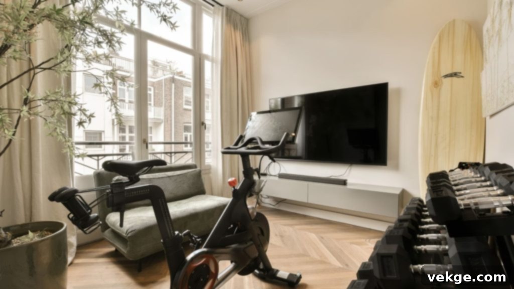 Home gym setup with various equipment, including a treadmill and weights, inspiring consistent home workouts.