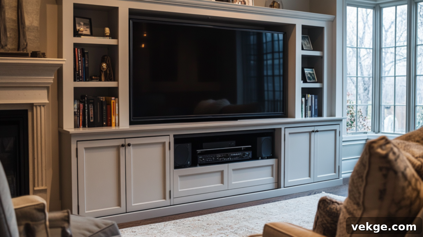 Cabinet with built-in shelves and drawers for media storage