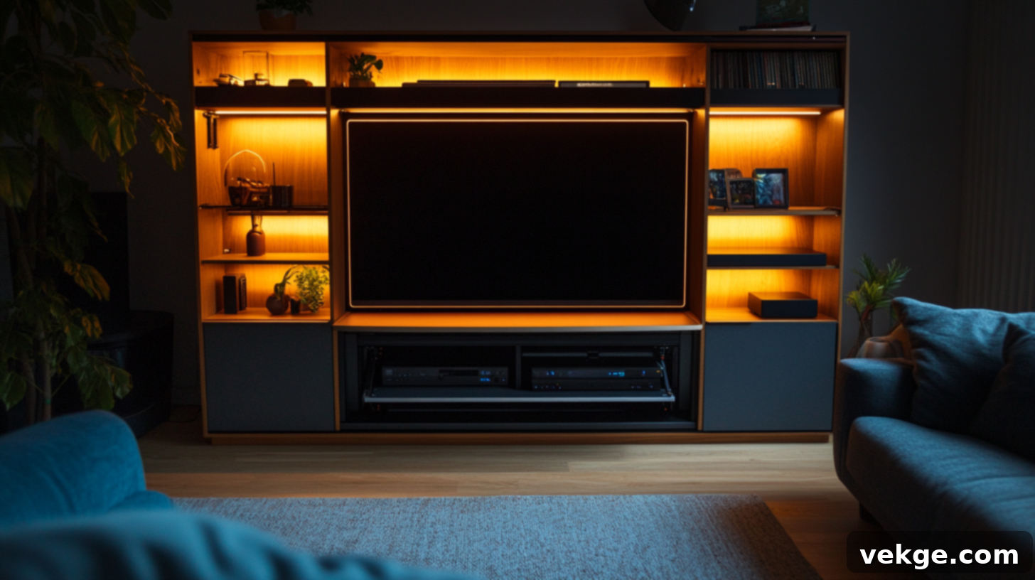 Smart home integration with LED lighting and power management for TV cabinet