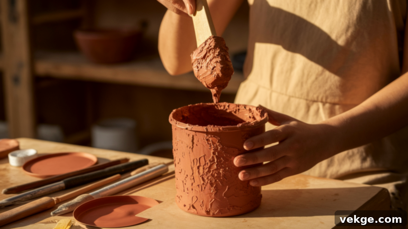 Mixing paint with baking soda for a textured clay-like finish on vase