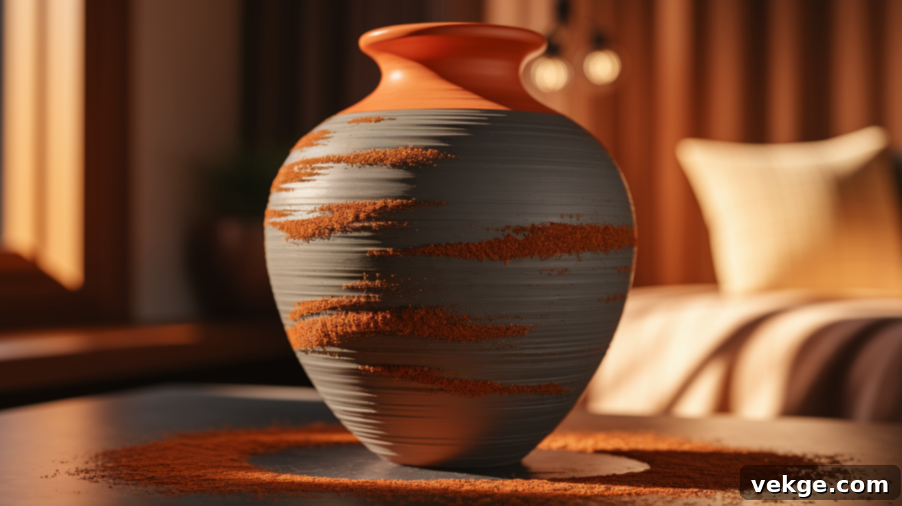 Adding layers of paint and cinnamon for a rustic patina effect on vase