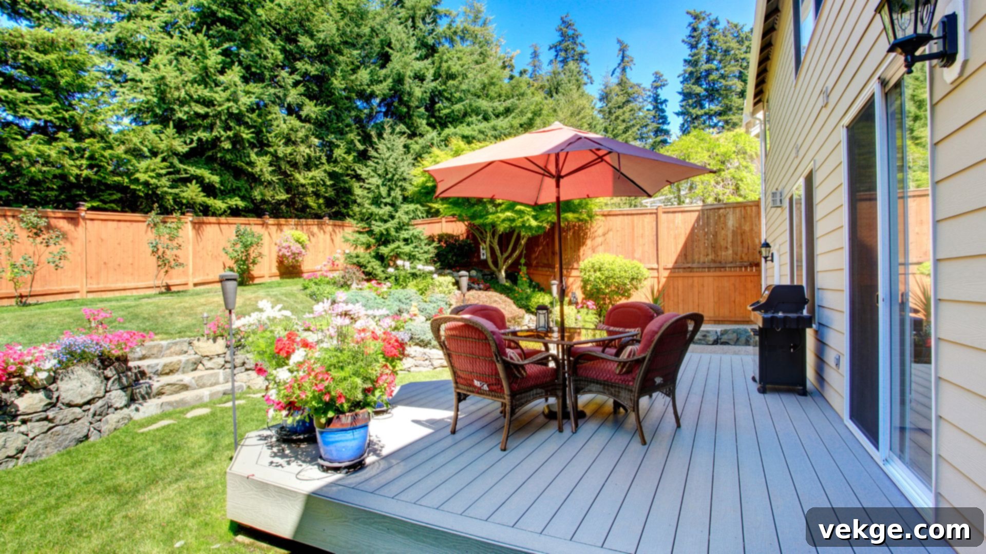 Cozy outdoor living space with a large pergola, comfortable seating, and an outdoor fireplace, suitable for year-round enjoyment.