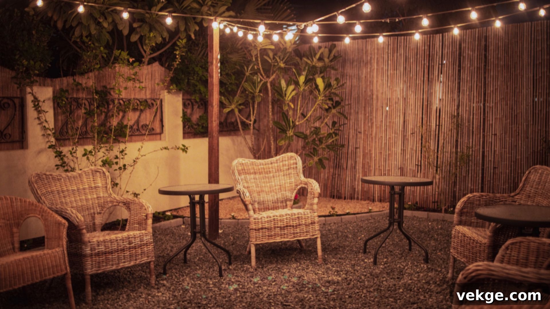 Garden at dusk with warm outdoor lighting on a patio