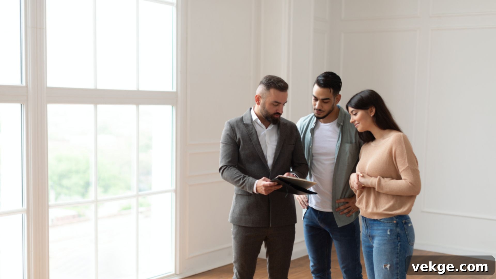 A couple reviewing house plans with a real estate agent, emphasizing careful consideration during house hunting for a new home.