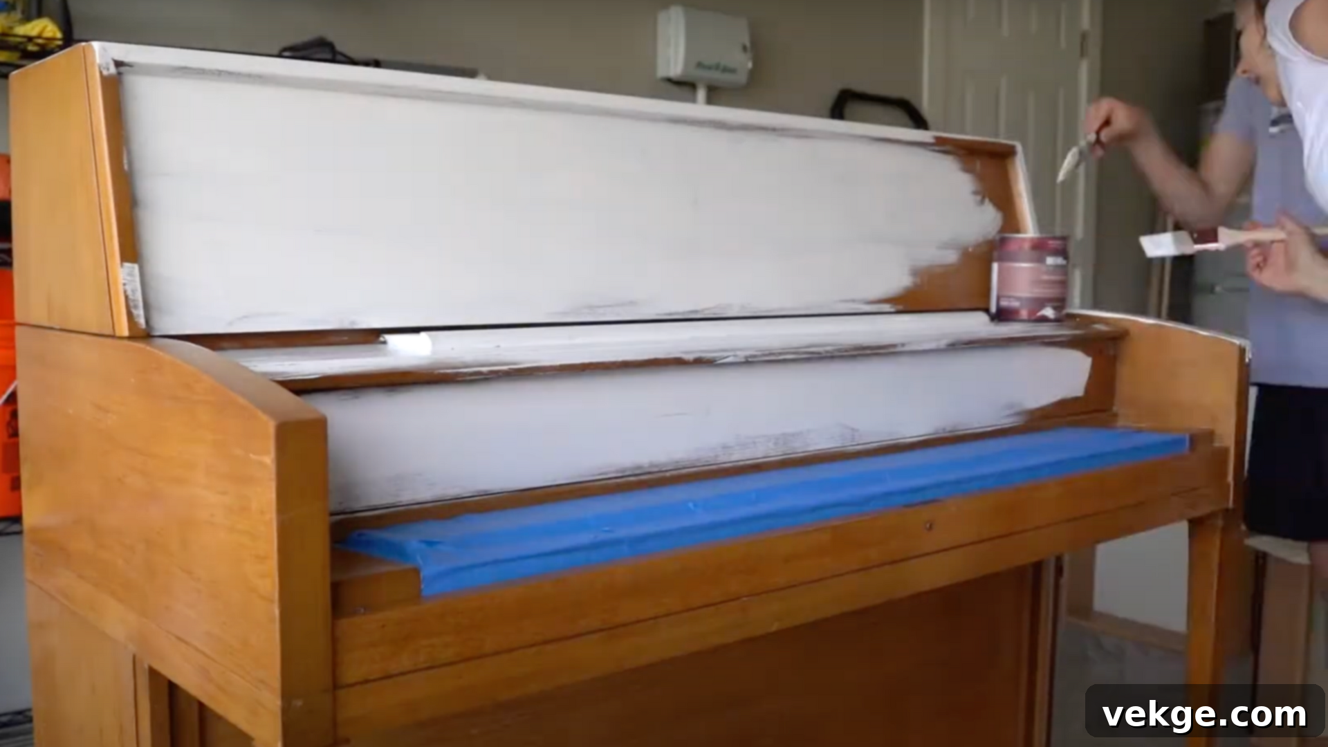 Apply thin, even coats of paint to your piano, starting with a brush for details and a roller for flat surfaces.