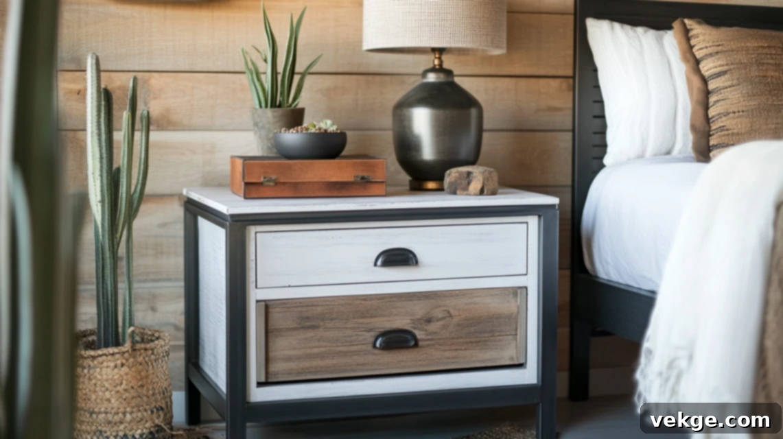 Use_a_Modern_Nightstand_with_Rustic_Decor_on_Top