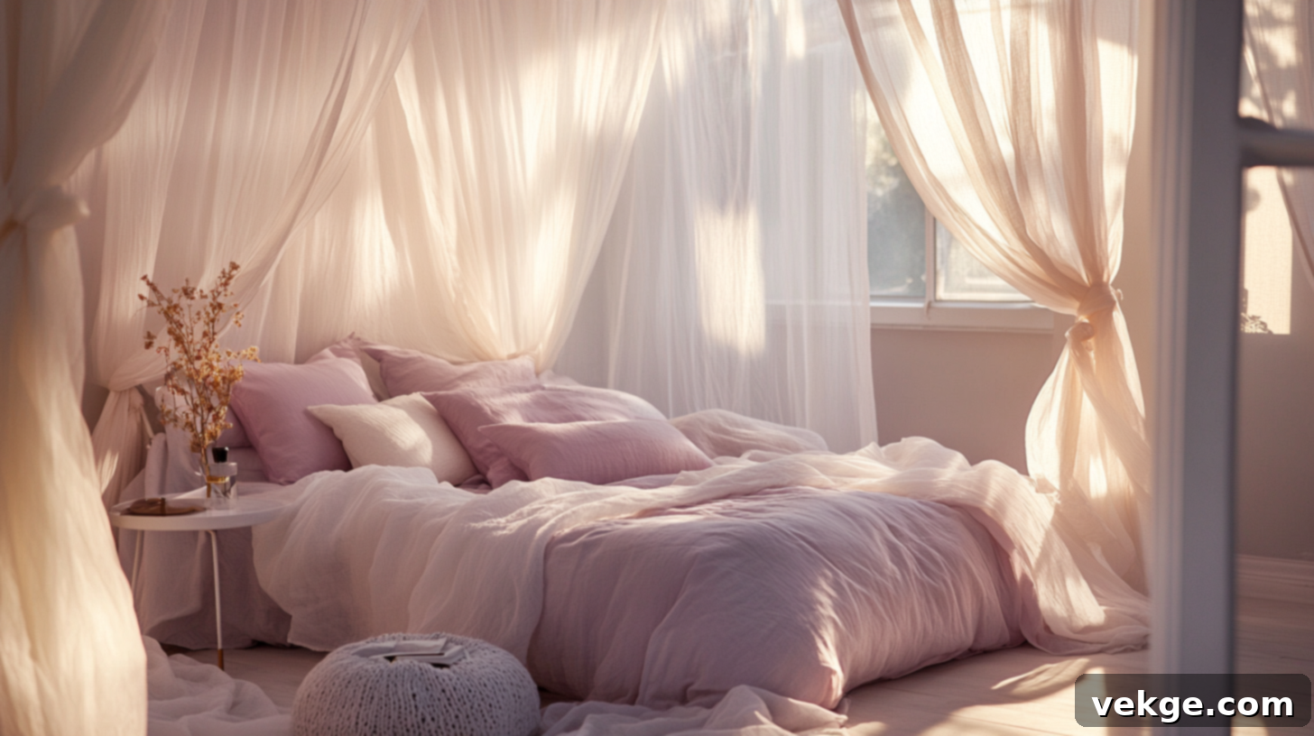 Magical Bed Canopy with Sheer Fabric and Fairy Lights for a Whimsical Bedroom