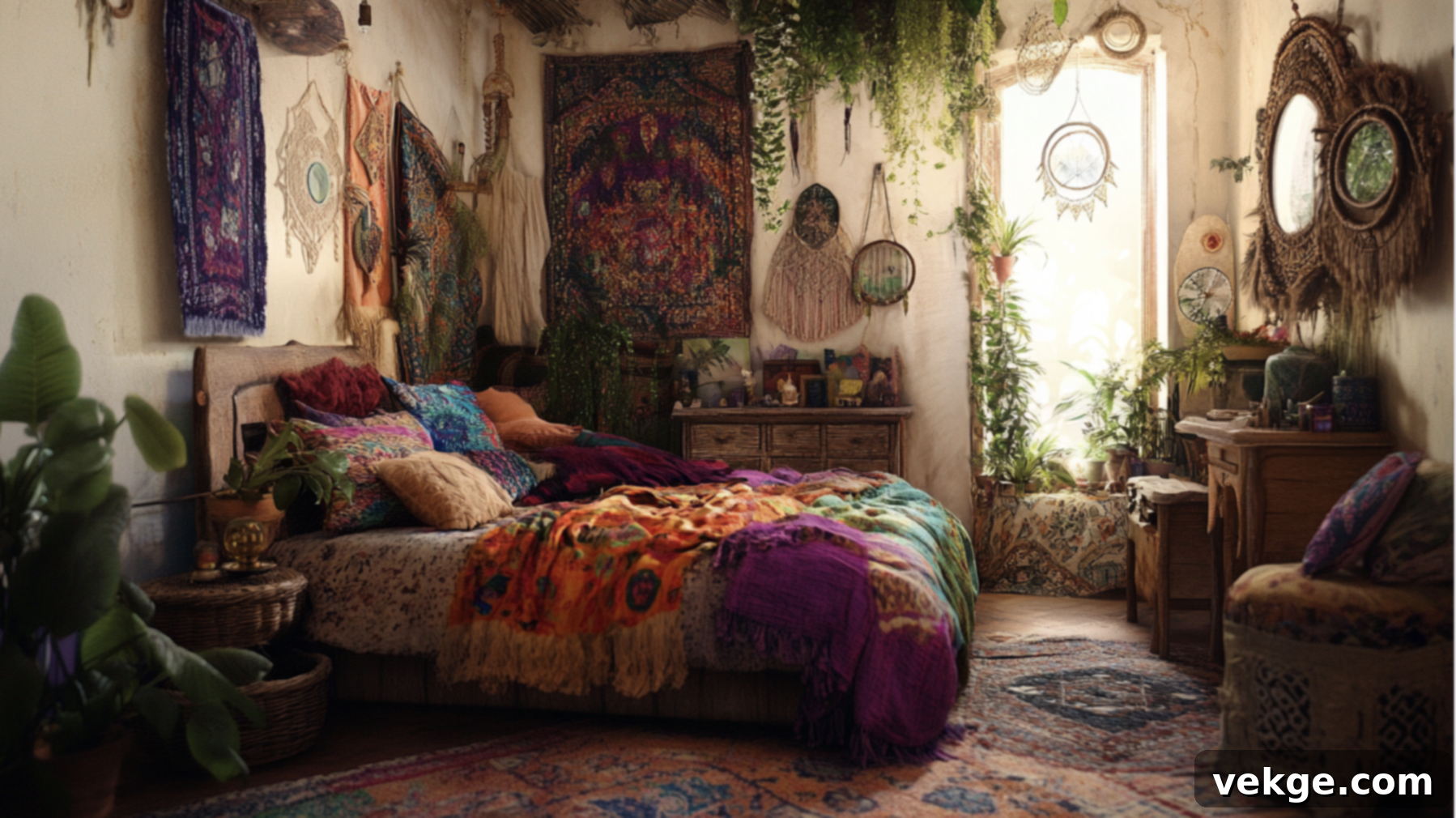 Bohemian whimsical bedroom with layered textiles, natural materials, and abundant plants