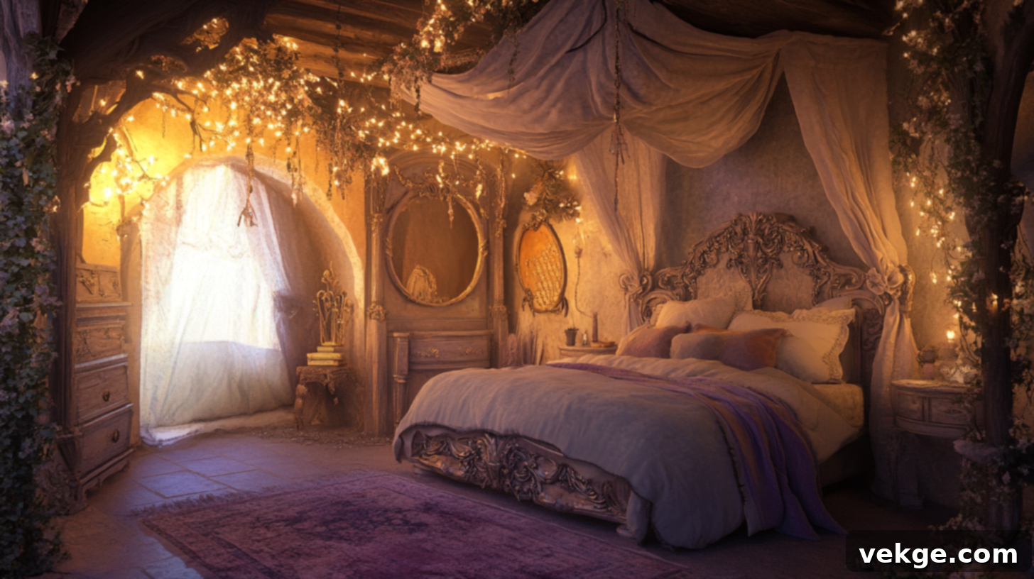 Fairy tale inspired bedroom with a princess bed canopy, soft lighting, and whimsical decor