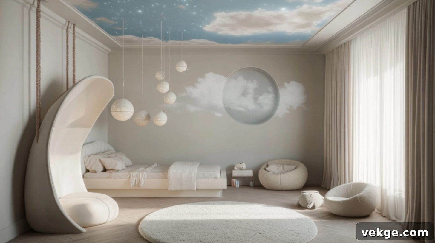 Modern whimsical bedroom with clean design, geometric shapes, and quirky artistic elements