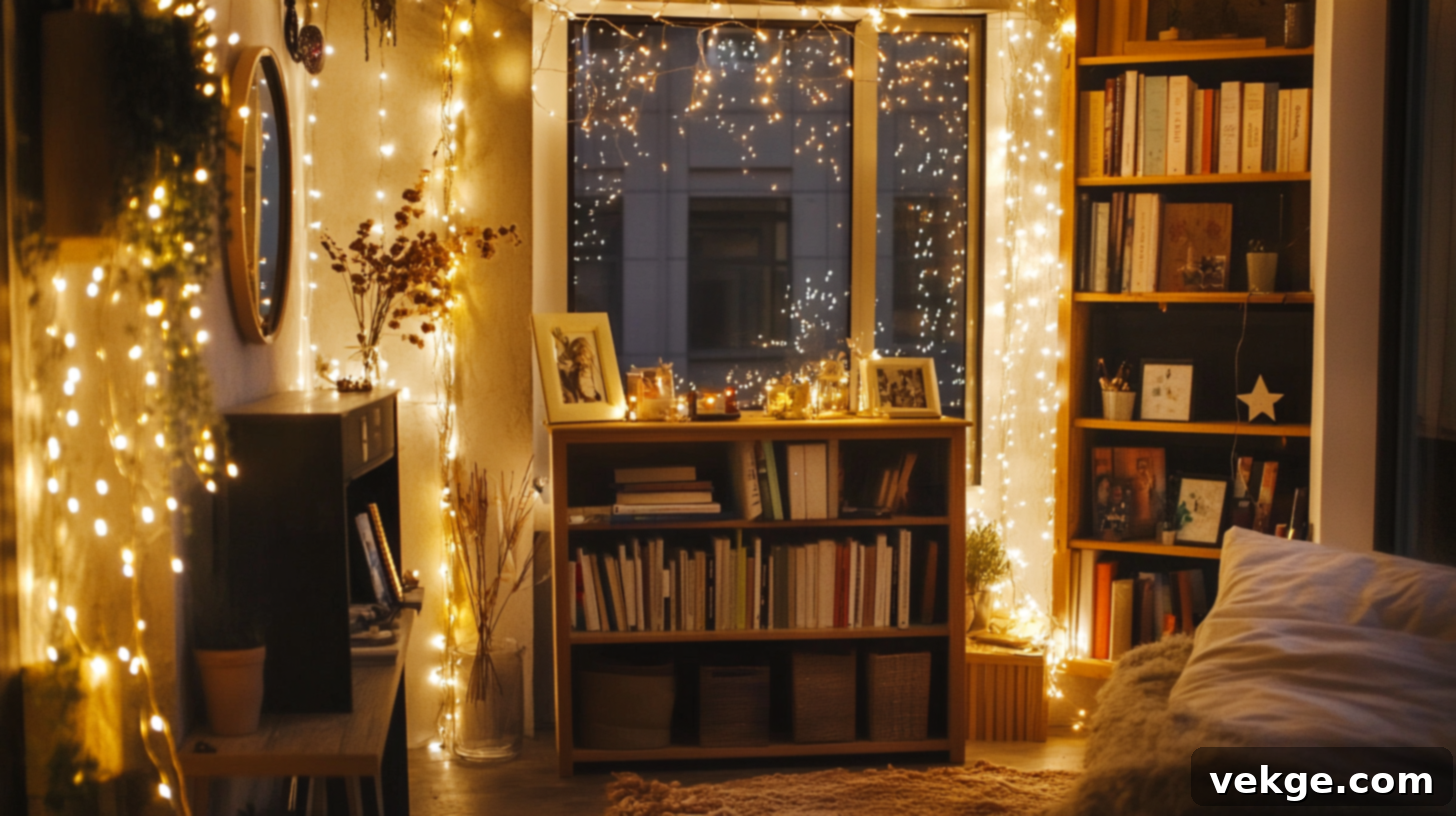 Warm White Fairy Lights hung around a bedroom for a cozy and whimsical ambiance