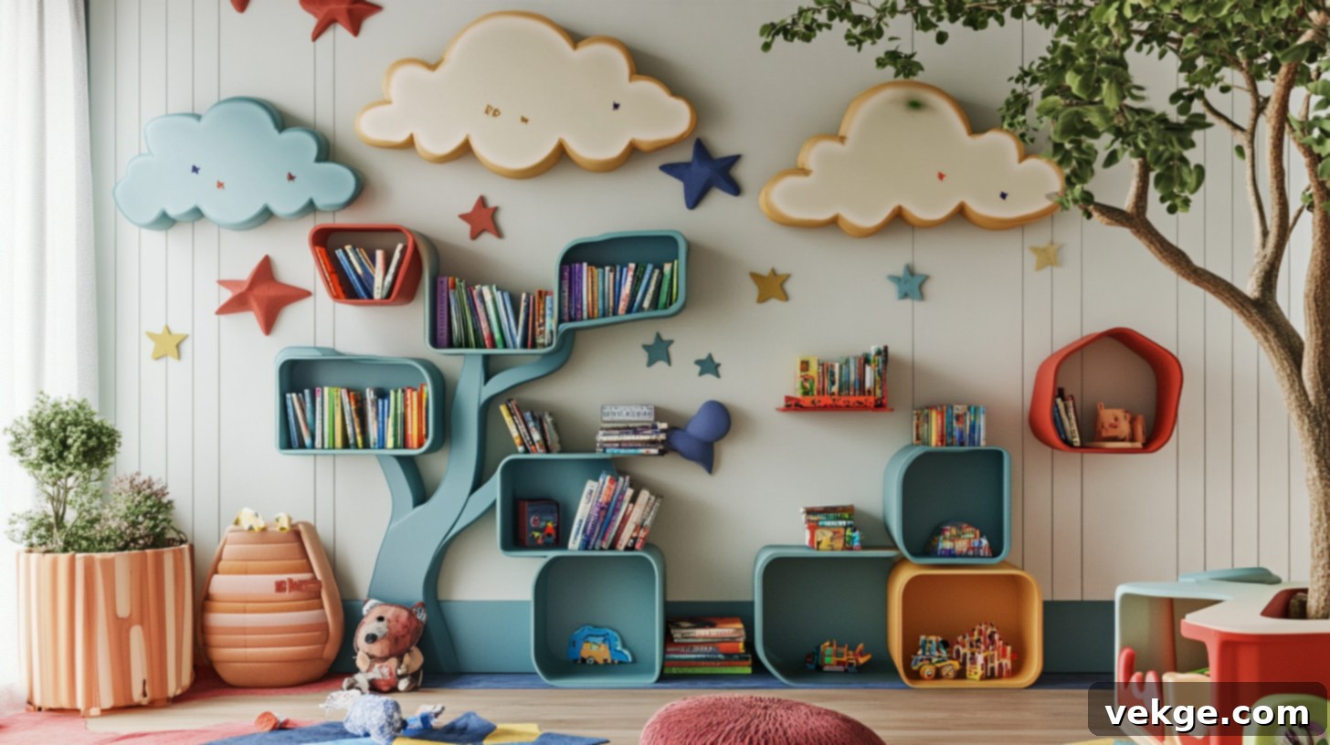 Unique Floating Bookshelves in creative shapes like clouds and stars in a whimsical bedroom
