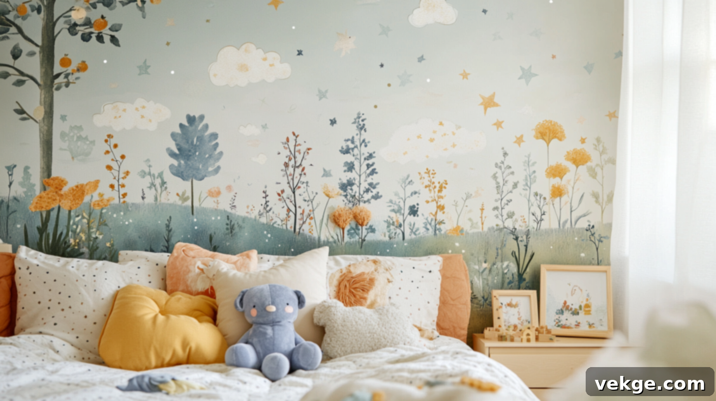 Whimsical wallpaper with a starry night sky design for a magical bedroom