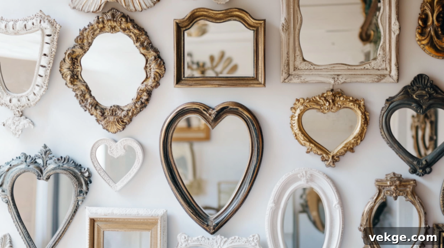 Collection of vintage-style mirrors with ornate frames in a whimsical bedroom