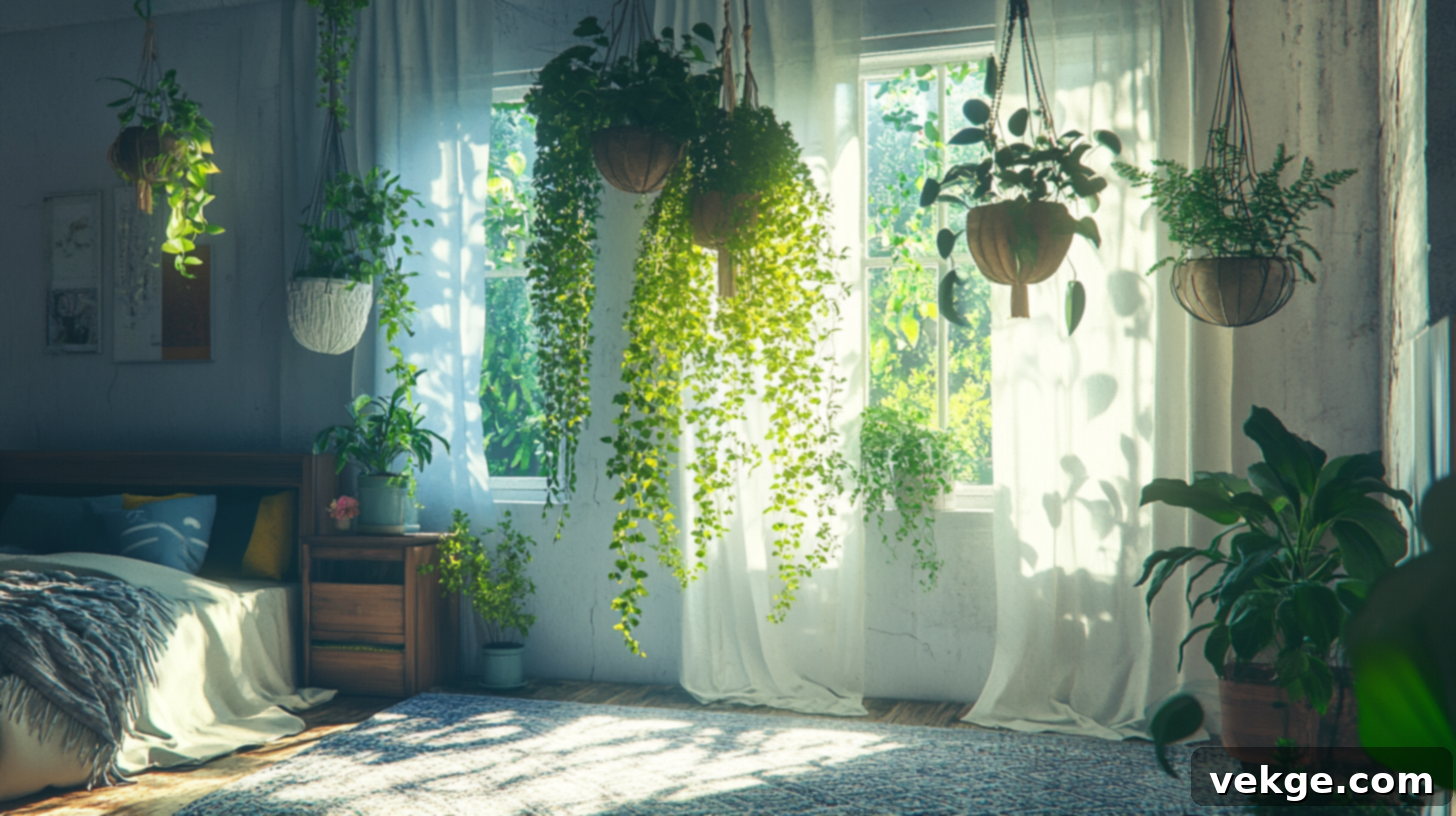 Hanging indoor plants in decorative pots creating a natural and whimsical feel