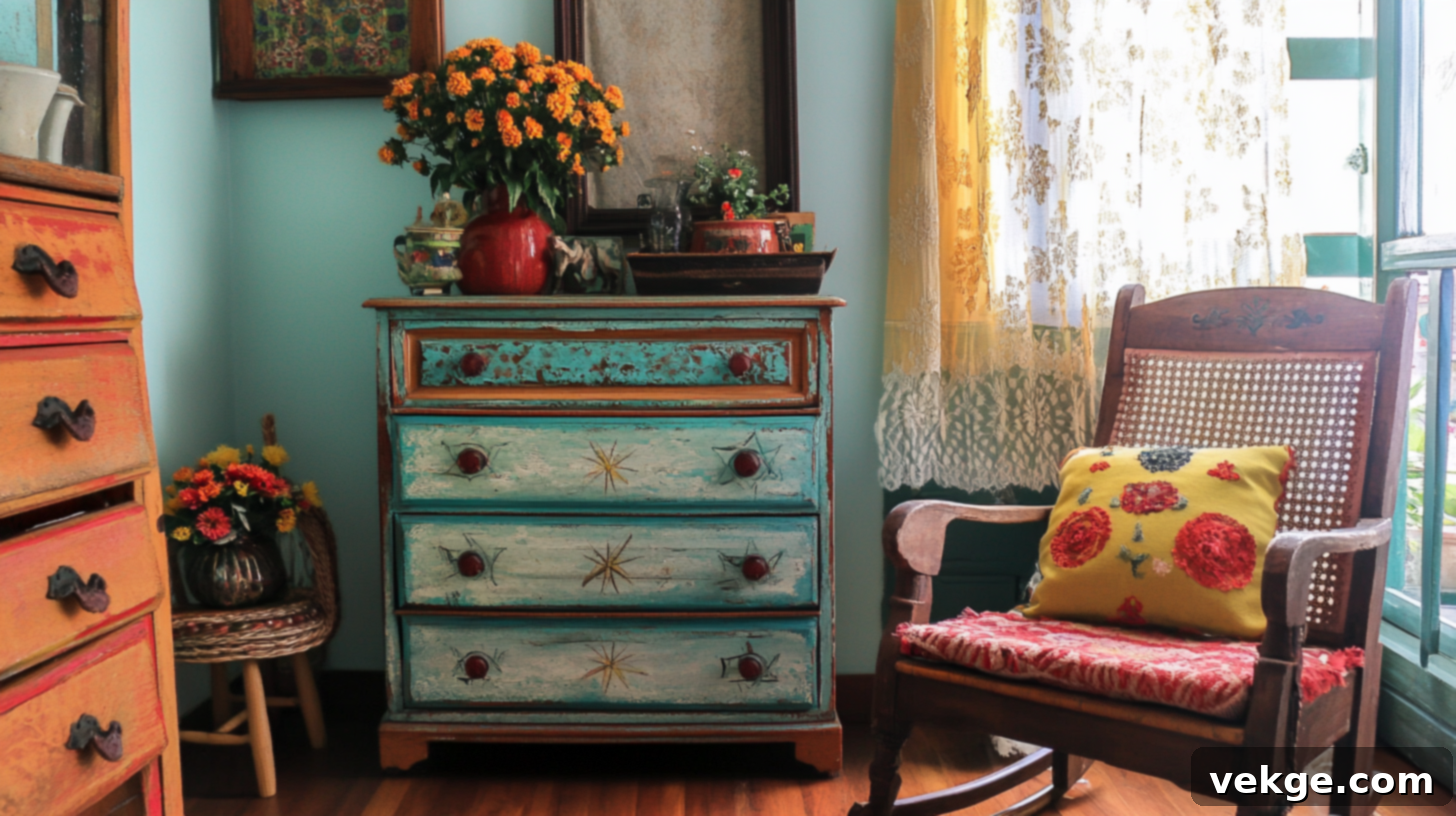 Antique dresser painted in a bright color, symbolizing upcycled whimsical furniture