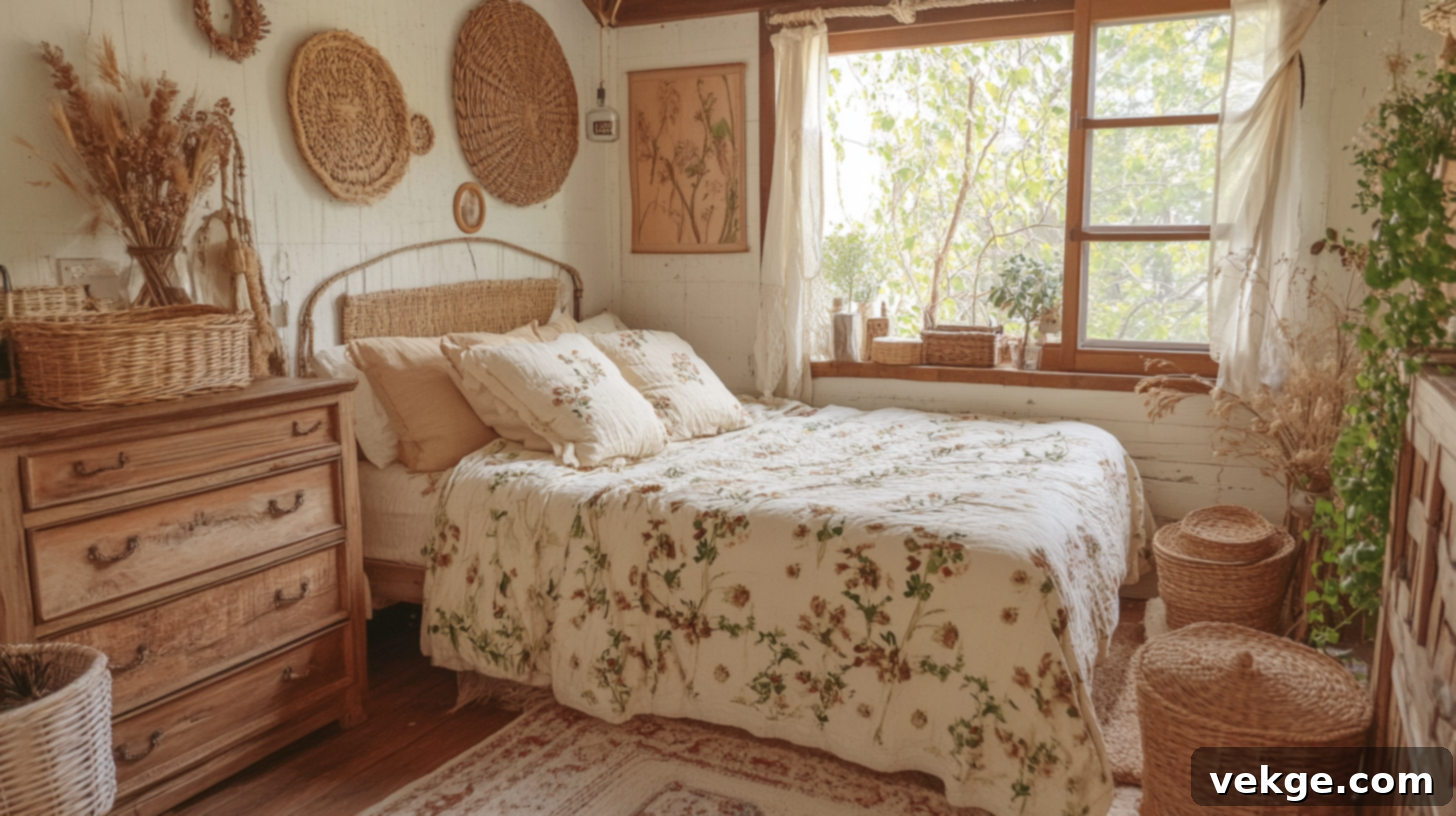 Cottagecore bedroom with floral patterns, natural wood, and cozy textiles