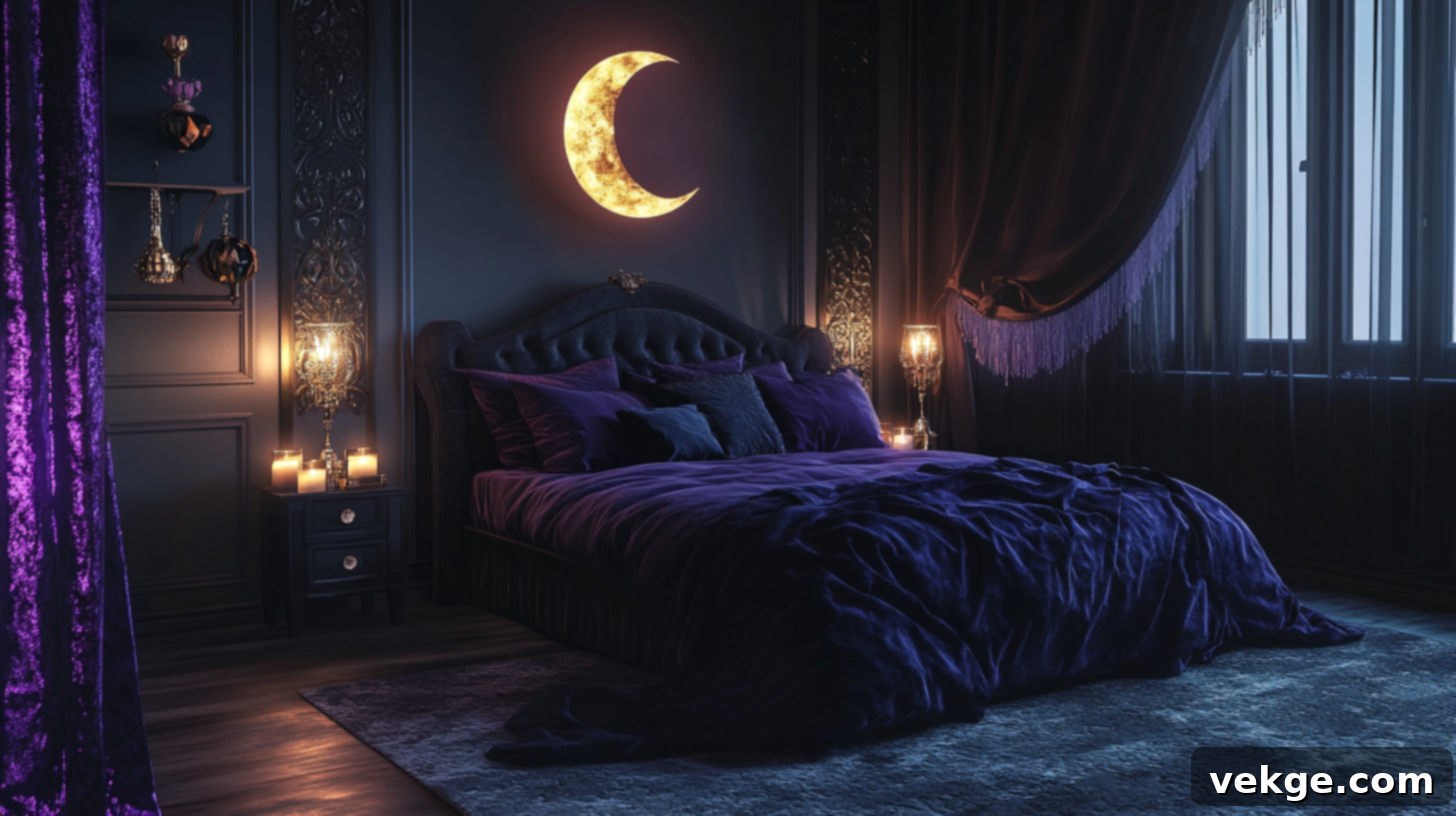 Dark whimsical bedroom with deep jewel tones, ornate decor, and subtle magical elements