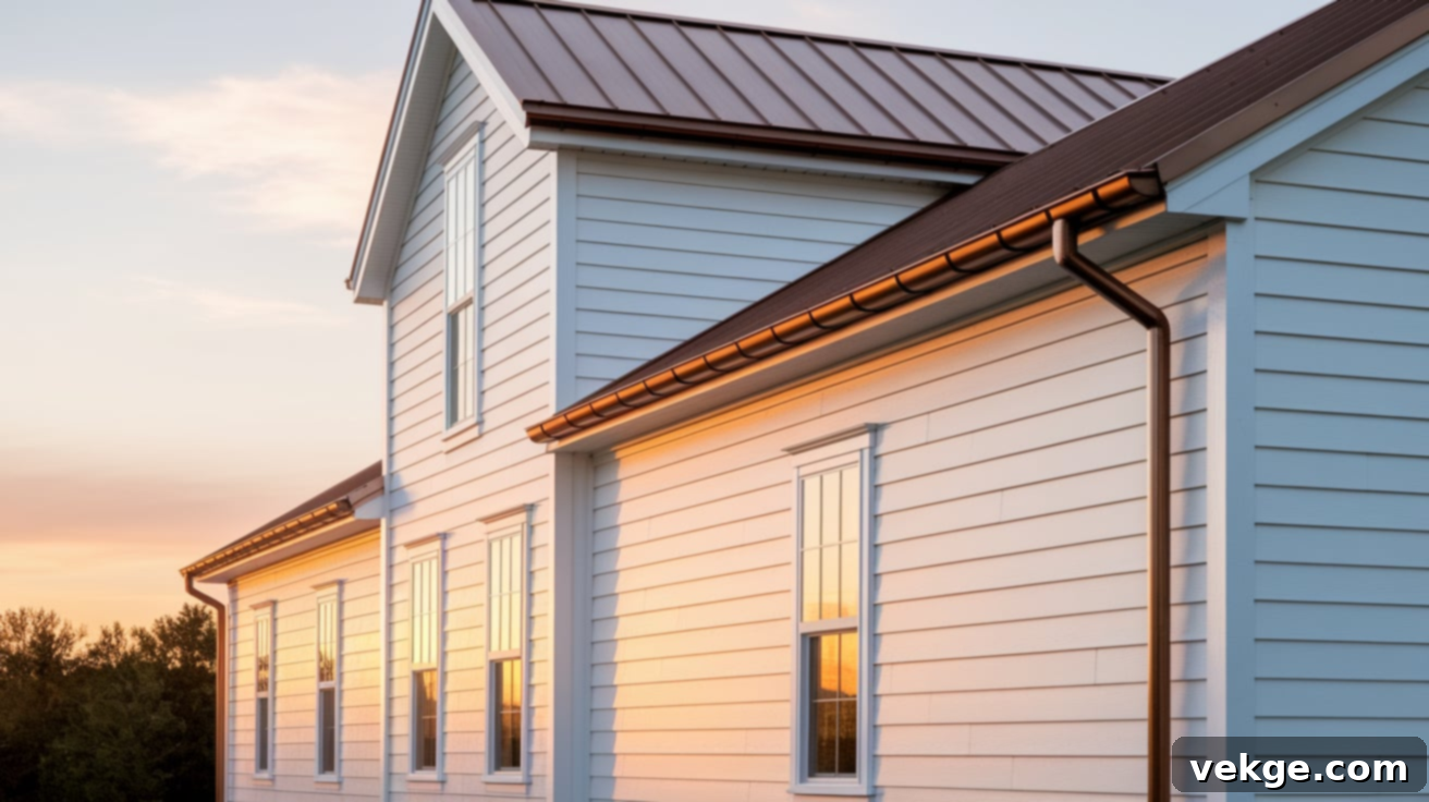 White Farmhouse with Dark Bronze Gutters and Metal Roof