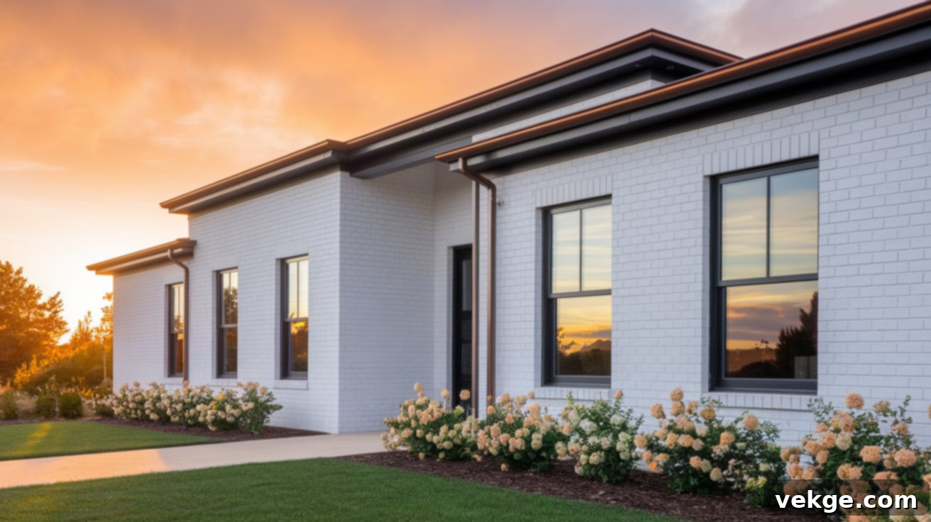 Modern White Brick House with Dark Bronze Gutters and Black Windows