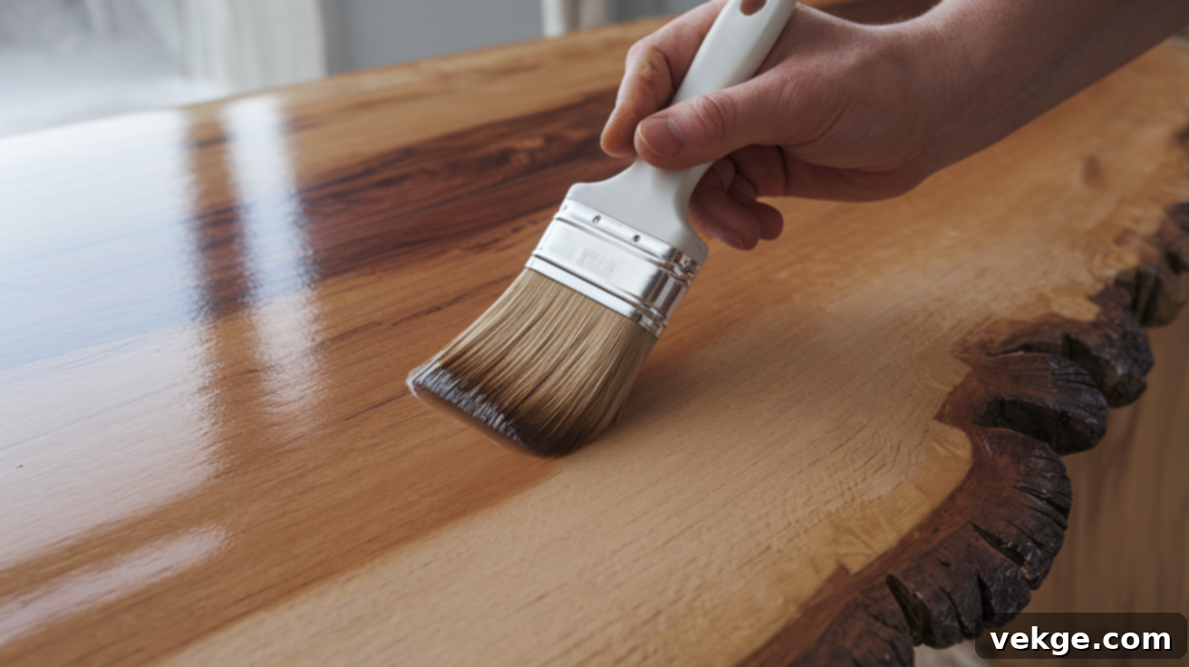 Apply wood sealant in thin, even layers using a brush or sprayer, always following the wood grain.