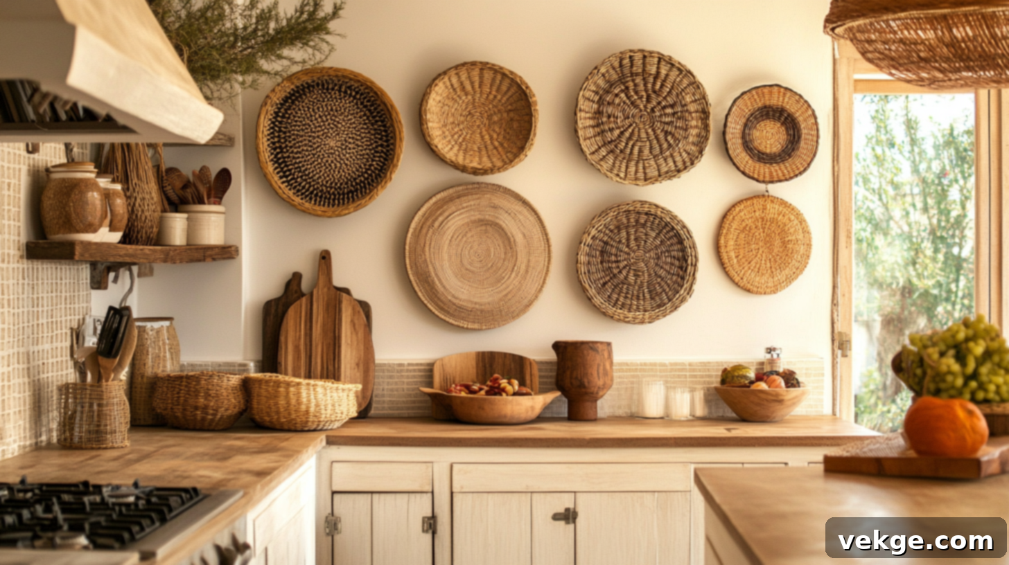 Handwoven Wall Baskets in a Boho Kitchen