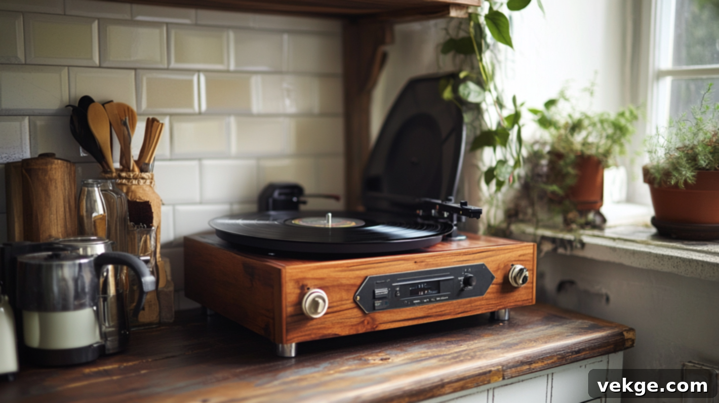 Vintage Record Player in a Boho Kitchen