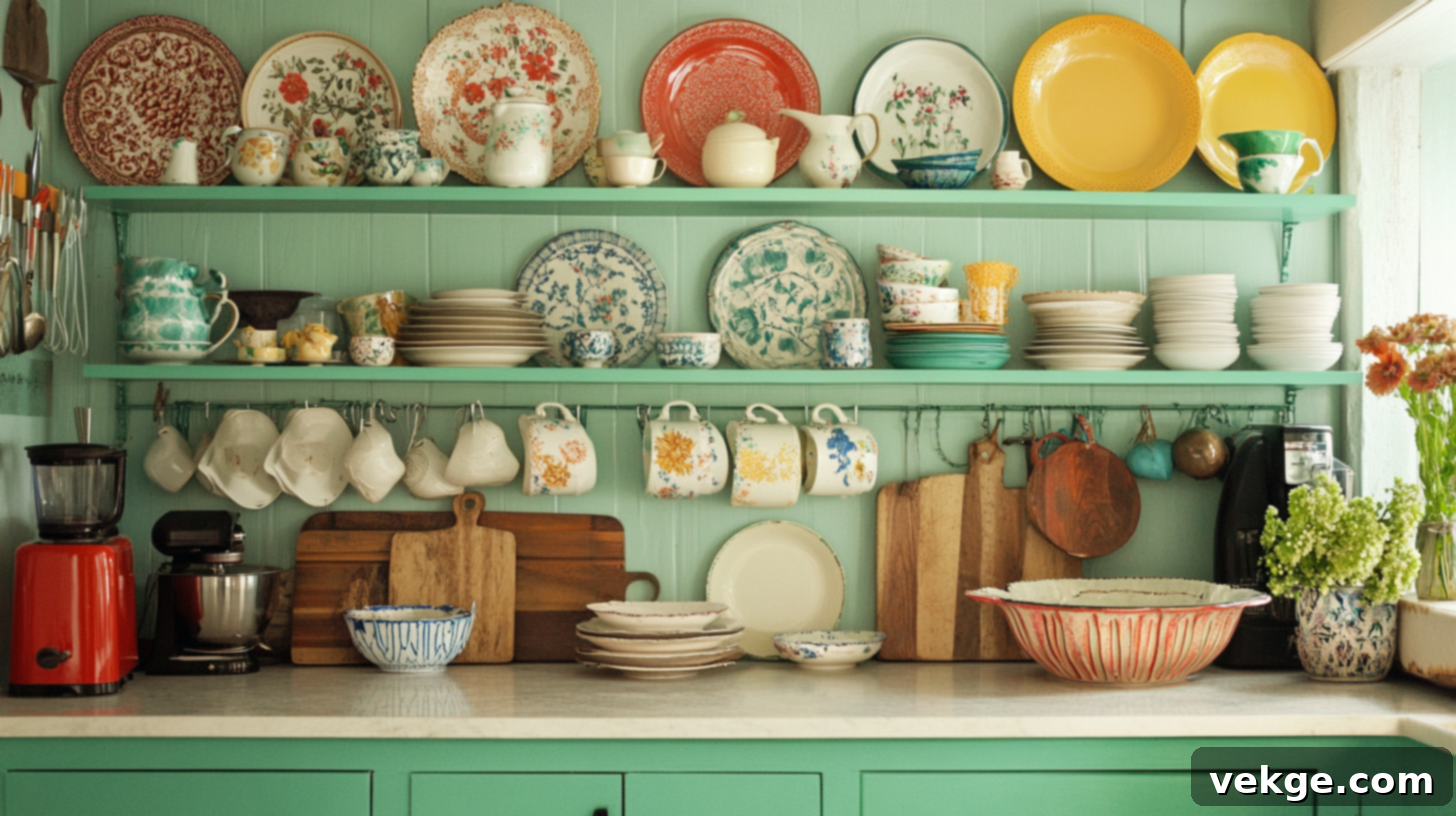 Open Shelving with Unique Dishes for a Boho Kitchen