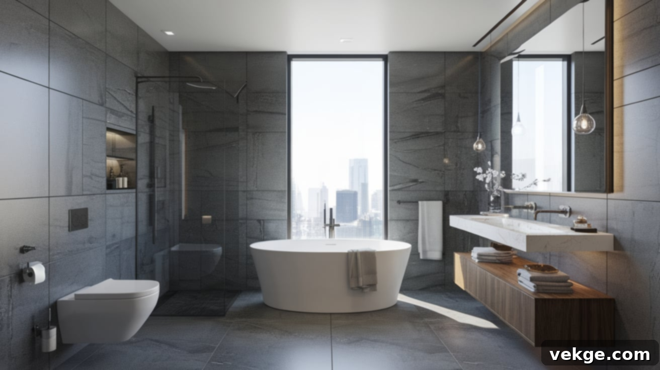 Modern Gray Monochromatic Bathroom with Charcoal Accents and Glossy/Matte Textures