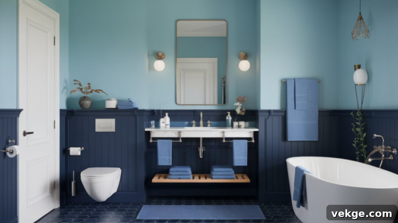Calming Blue Monochromatic Bathroom with Sky Blue Walls and Navy Tiles