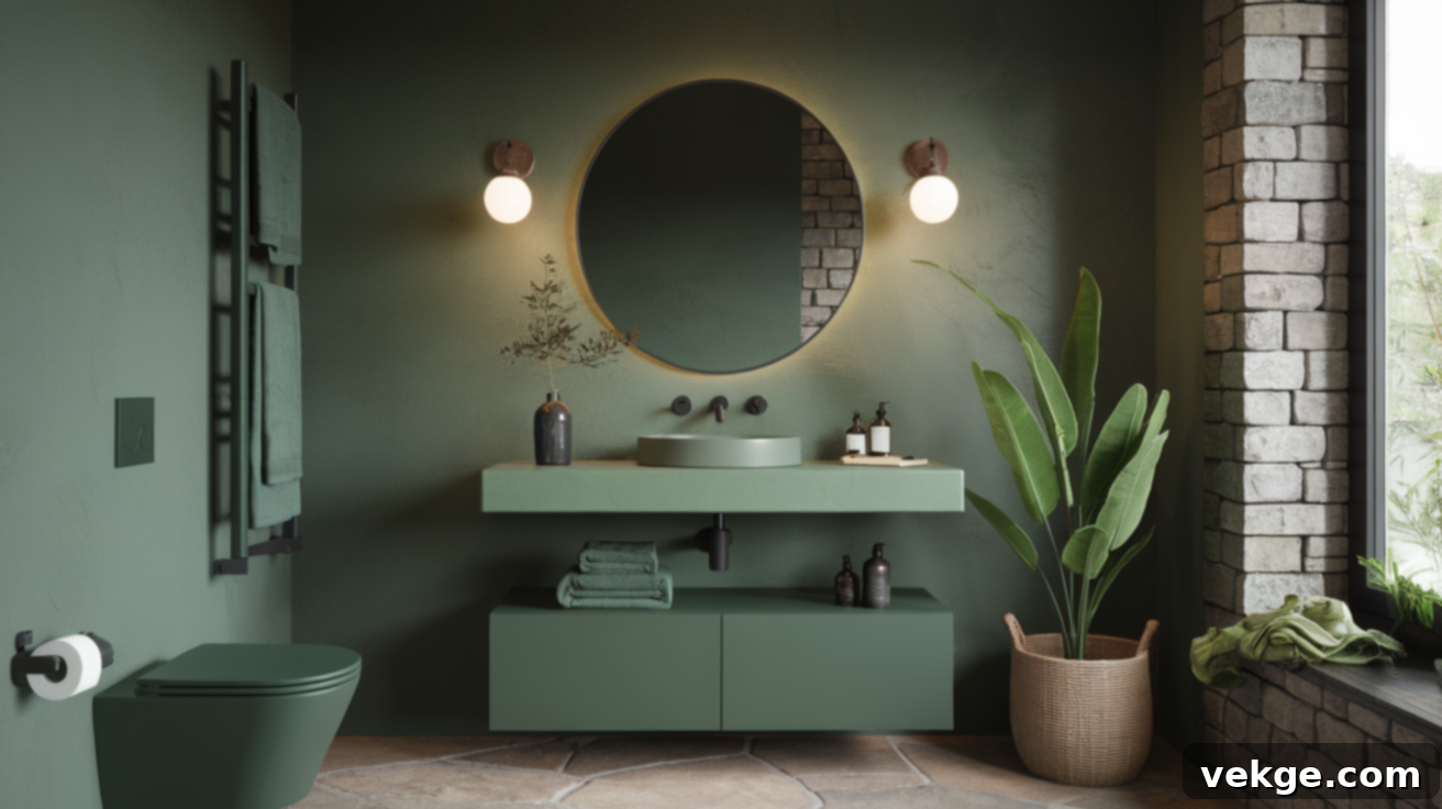 Earthy Green Monochromatic Bathroom with Sage Walls and Forest Green Accents
