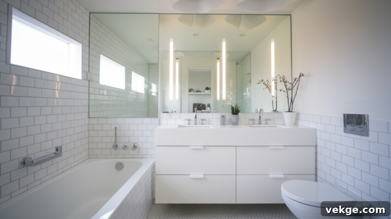 Small White Monochromatic Bathroom with Space-Expanding Design
