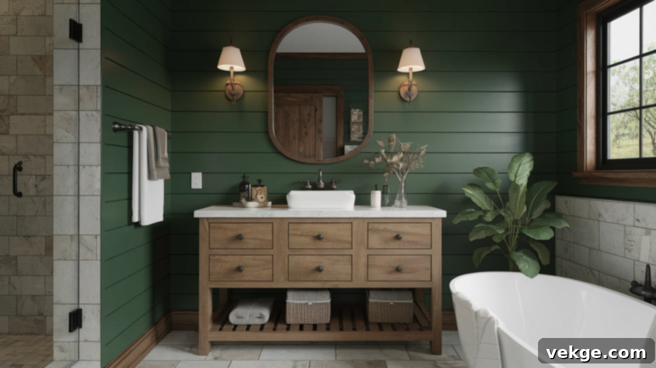 Rustic Green Monochromatic Bathroom with Forest Green Shiplap and Wood Accents