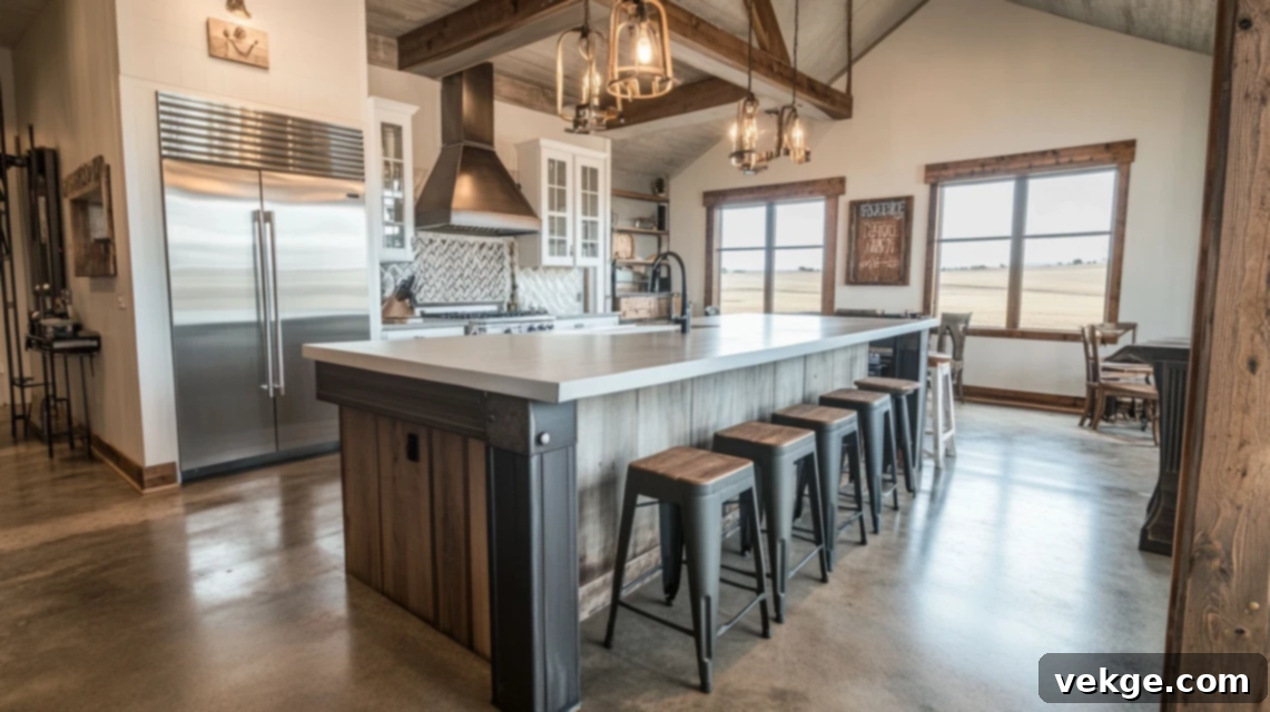 Barndominium kitchen with industrial stools and lighting