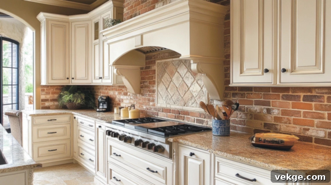 Barndominium kitchen with brick accent wall