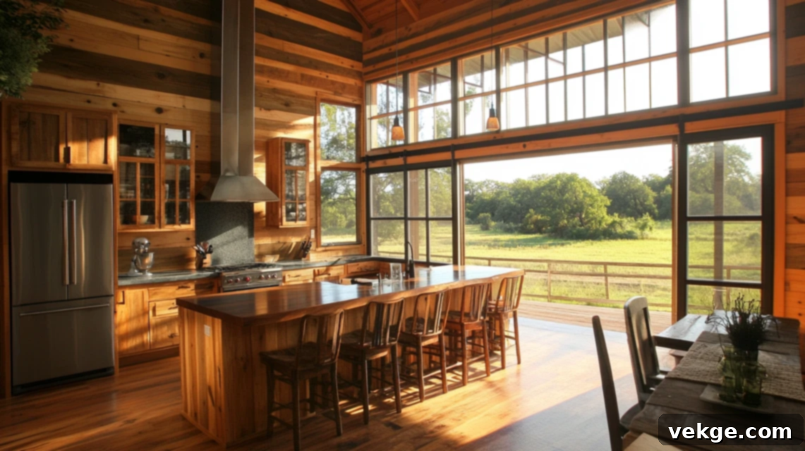 Bright barndominium kitchen with large windows