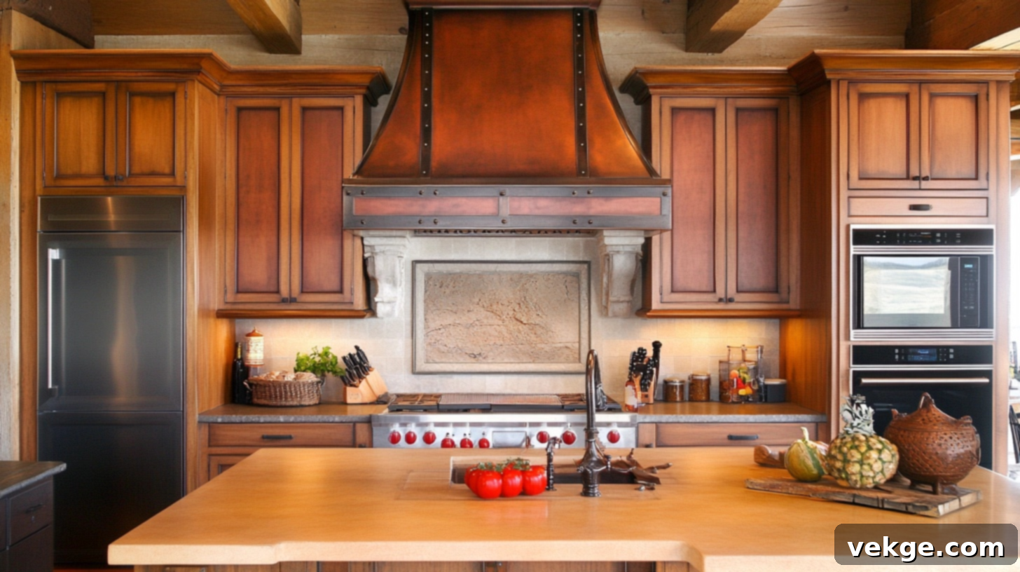 Barndominium kitchen with custom wooden vent hood