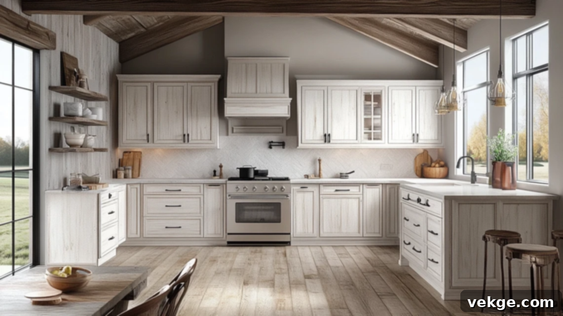 Kitchen with whitewashed wooden beams and cabinets