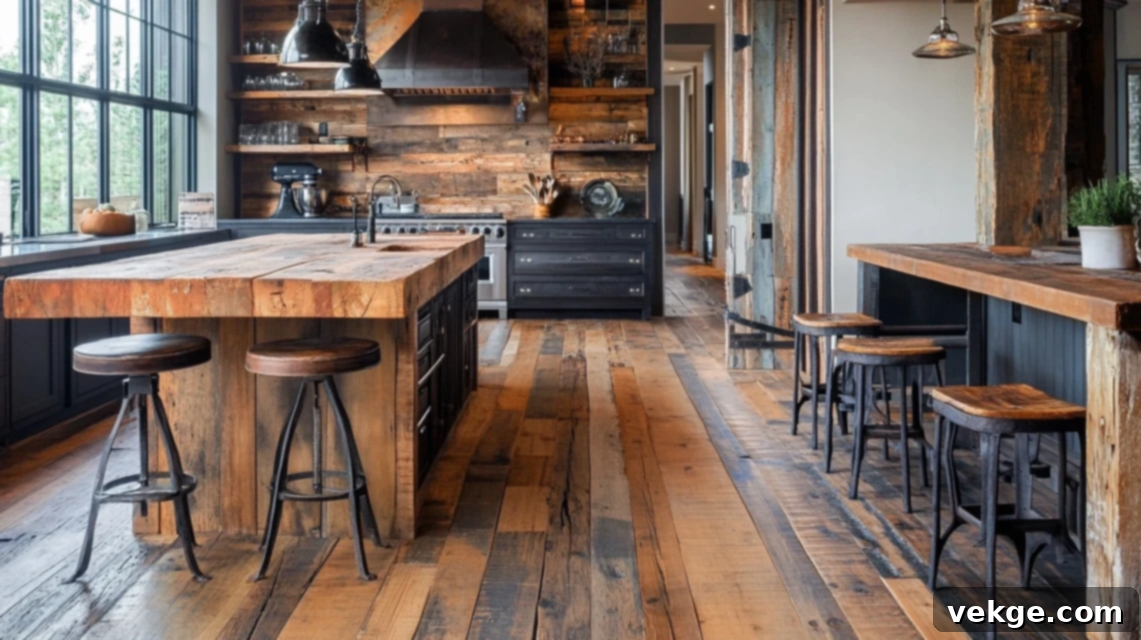 Barndominium kitchen with reclaimed wood flooring