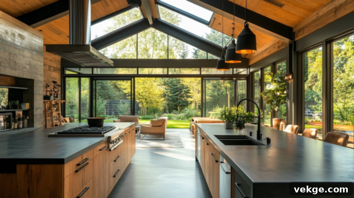 Barndominium kitchen with skylights