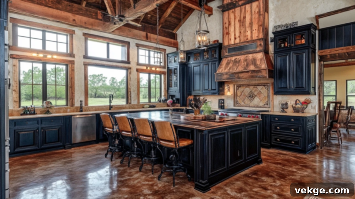 Barndominium kitchen with dark cabinets and moody tones